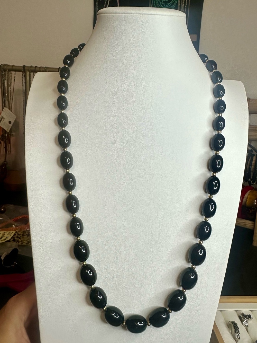 Vintage Monet Signed Black Oval Bead Necklace 28” Gold Tone Spacer Beads, Clasp